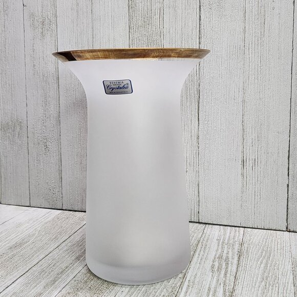 VTG Bohemia Handmade Crystalex Frosted Glass Vase Gold Trim 8.25'' Tall - Picture 3 of 10